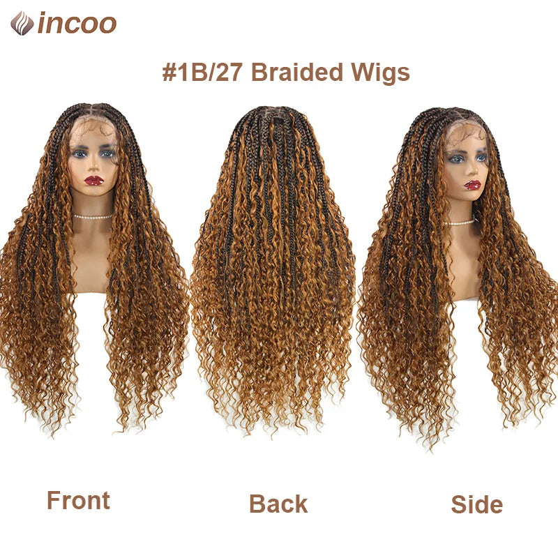 Boho Box Braided Wigs Curly Hair Synthetic Full Lace Front Wigs for Women Goddess Locs Braid Wig Burgundy Bohemian Box Braid Wig