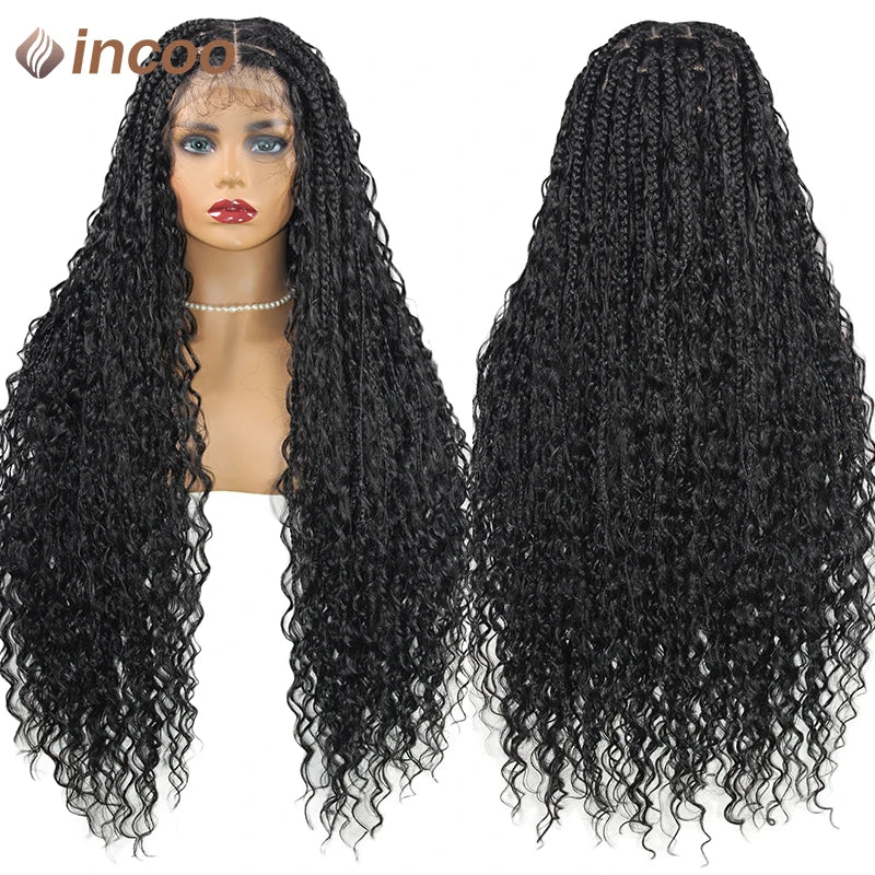 Boho Box Braided Wigs Curly Hair Synthetic Full Lace Front Wigs for Women Goddess Locs Braid Wig Burgundy Bohemian Box Braid Wig