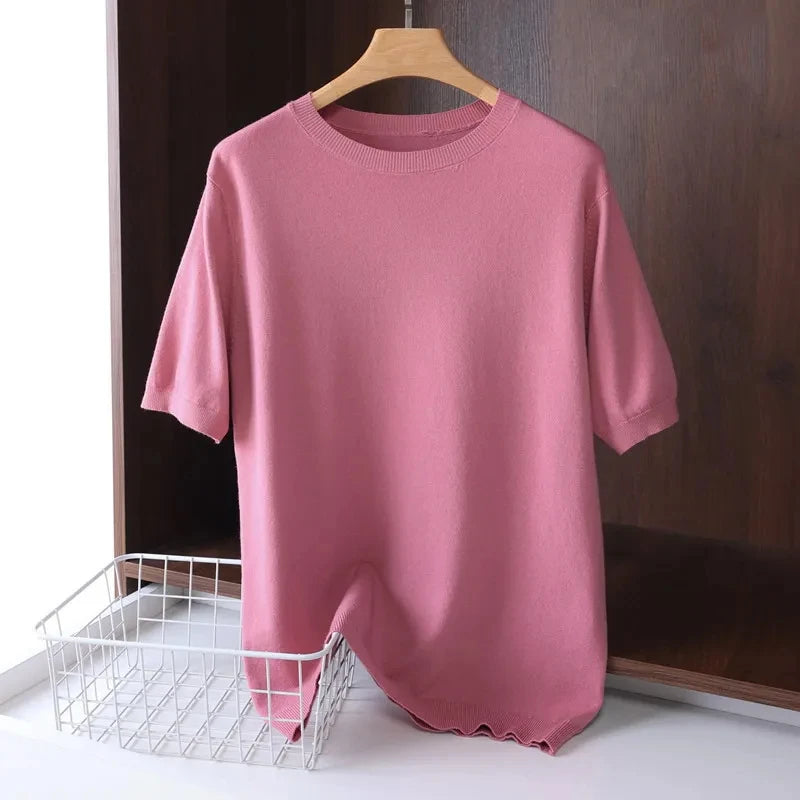 Superfine Merino Wool T Shirt Men's Knitted O-neck Breathable Thin Cashmer Short Sleeve Tee Solid Color Tops