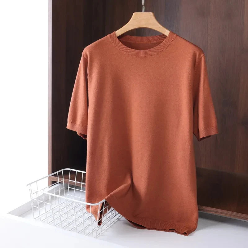 Superfine Merino Wool T Shirt Men's Knitted O-neck Breathable Thin Cashmer Short Sleeve Tee Solid Color Tops