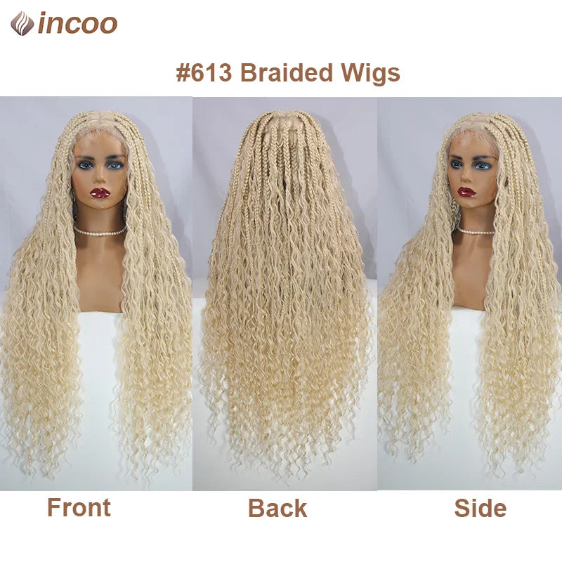 Boho Box Braided Wigs Curly Hair Synthetic Full Lace Front Wigs for Women Goddess Locs Braid Wig Burgundy Bohemian Box Braid Wig