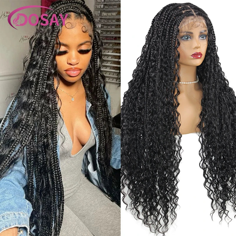 Boho Box Braided Wigs Curly Hair Synthetic Full Lace Front Wigs for Women Goddess Locs Braid Wig Burgundy Bohemian Box Braid Wig