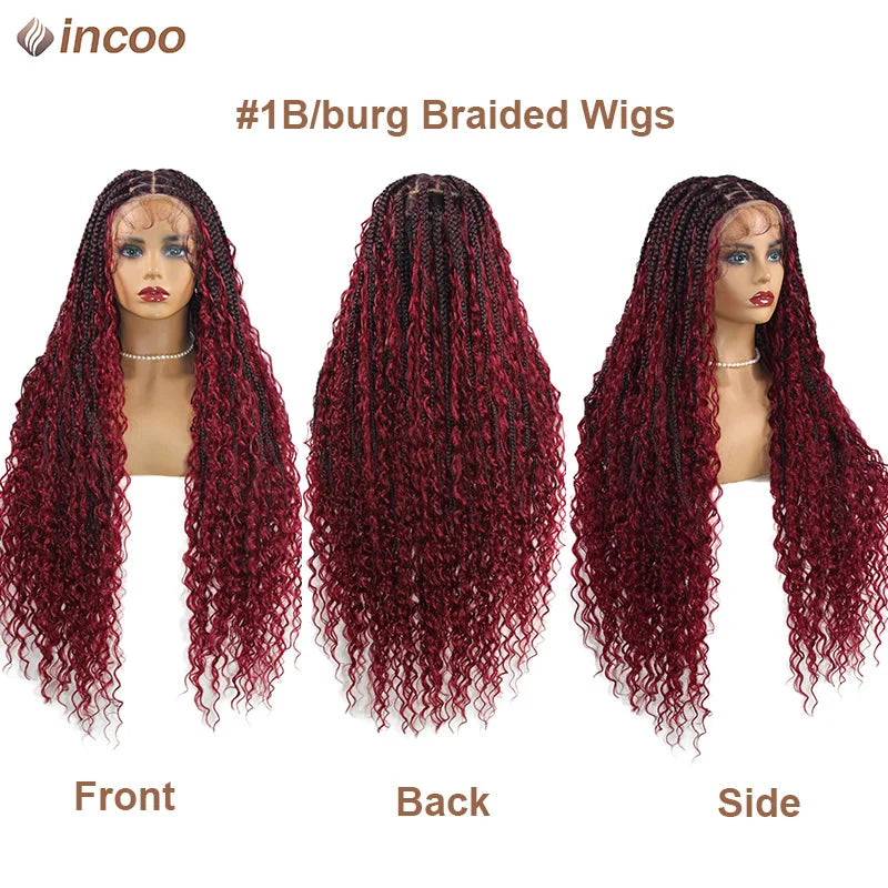 Boho Box Braided Wigs Curly Hair Synthetic Full Lace Front Wigs for Women Goddess Locs Braid Wig Burgundy Bohemian Box Braid Wig