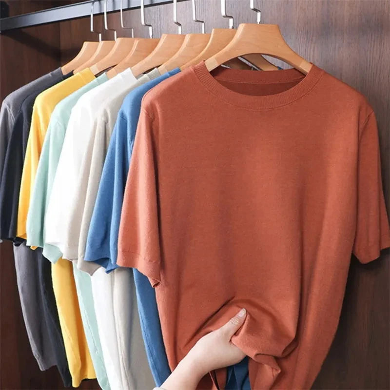 Superfine Merino Wool T Shirt Men's Knitted O-neck Breathable Thin Cashmer Short Sleeve Tee Solid Color Tops