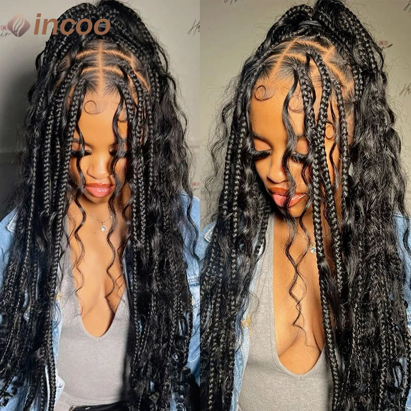 Boho Box Braided Wigs Curly Hair Synthetic Full Lace Front Wigs for Women Goddess Locs Braid Wig Burgundy Bohemian Box Braid Wig