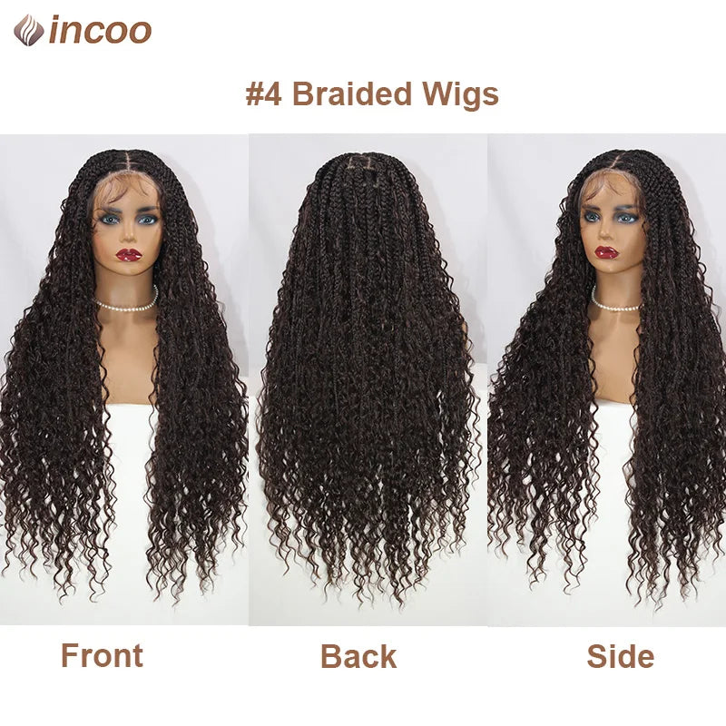 Boho Box Braided Wigs Curly Hair Synthetic Full Lace Front Wigs for Women Goddess Locs Braid Wig Burgundy Bohemian Box Braid Wig