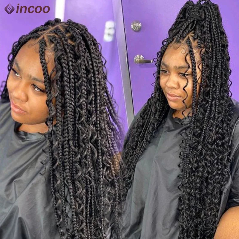 Boho Box Braided Wigs Curly Hair Synthetic Full Lace Front Wigs for Women Goddess Locs Braid Wig Burgundy Bohemian Box Braid Wig