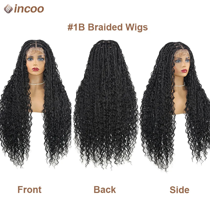 Boho Box Braided Wigs Curly Hair Synthetic Full Lace Front Wigs for Women Goddess Locs Braid Wig Burgundy Bohemian Box Braid Wig